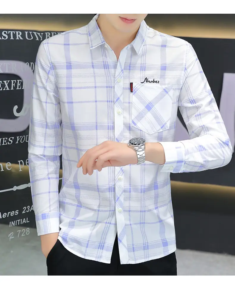 Japanese Style Plaid Long Sleeve Shirt Light Blue White — feature 17