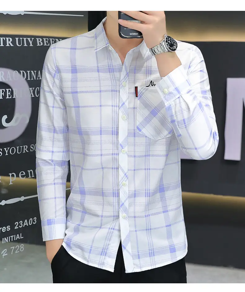 Japanese Style Plaid Long Sleeve Shirt Light Blue White — feature 18