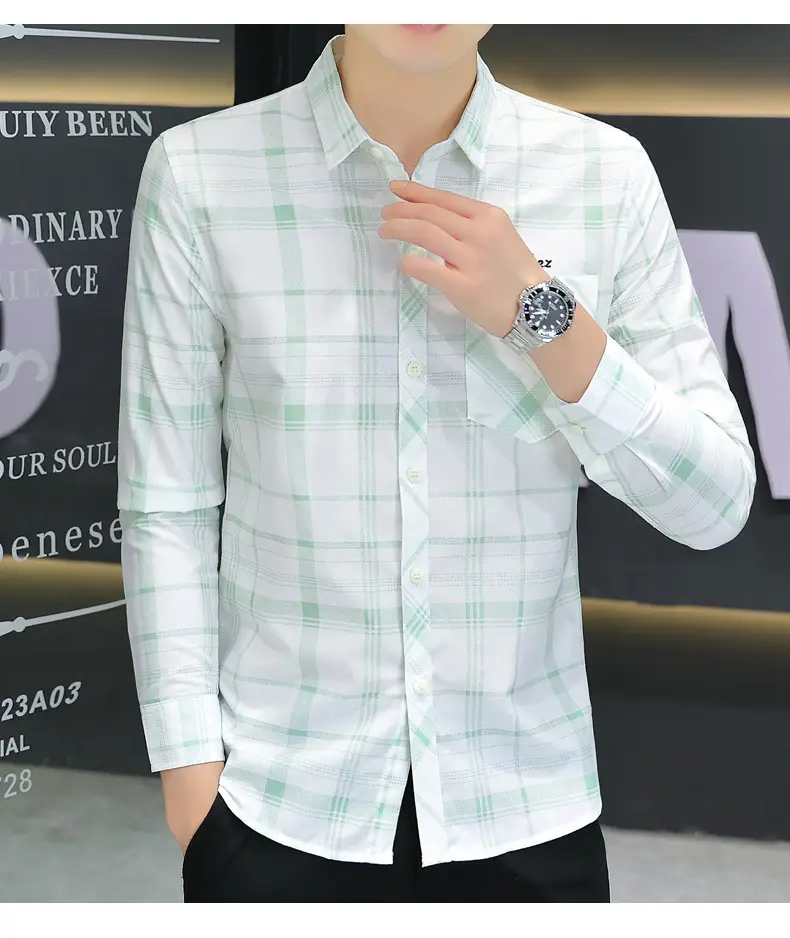 Japanese Style Plaid Long Sleeve Shirt Light Blue White — feature 20