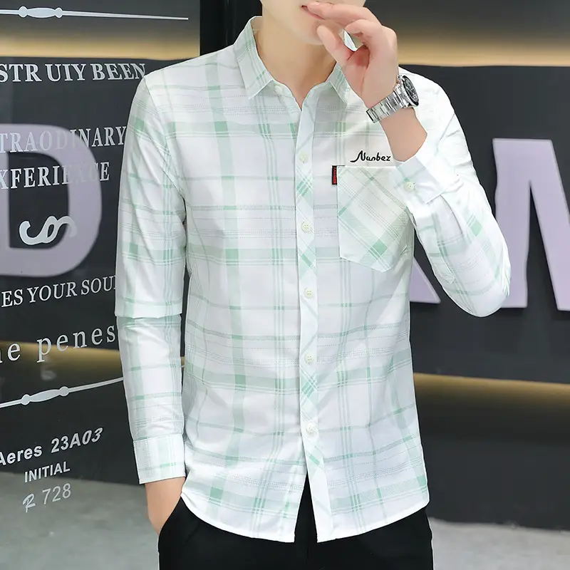 Japanese Style Plaid Long Sleeve Shirt Light Blue White - Image 2