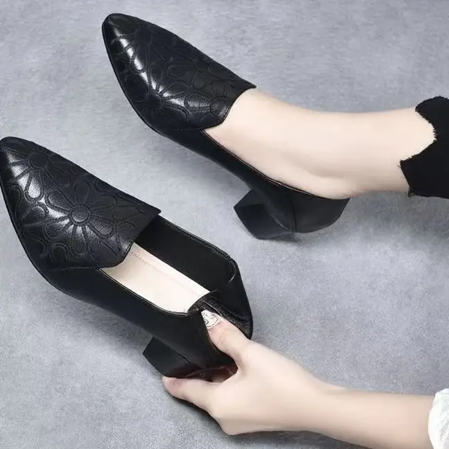 Soft-soled Pointed Single-layer Shoes Women's Mid-heel 2024 Autumn New Arrival Embroidered Commuter Women's Shoes Comfortable Thick-heel Soft Leather Moms Shoes - Image 6