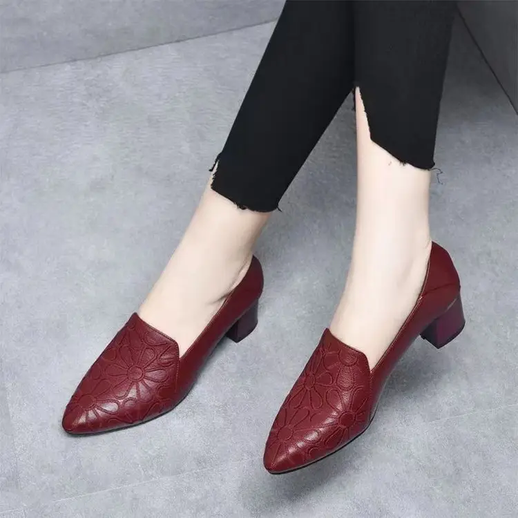 Soft-soled Pointed Single-layer Shoes Women's Mid-heel 2024 Autumn New Arrival Embroidered Commuter Women's Shoes Comfortable Thick-heel Soft Leather Moms Shoes — feature 2