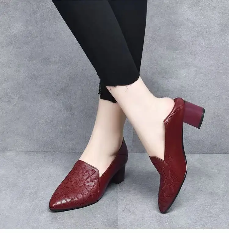 Soft-soled Pointed Single-layer Shoes Women's Mid-heel 2024 Autumn New Arrival Embroidered Commuter Women's Shoes Comfortable Thick-heel Soft Leather Moms Shoes - Image 3