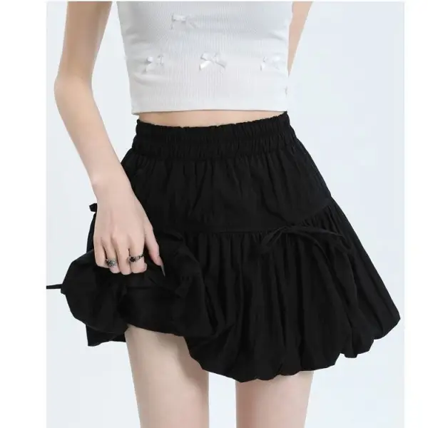 Black Bow Pleated High Waist Tulle Skirt for Women - Image 3