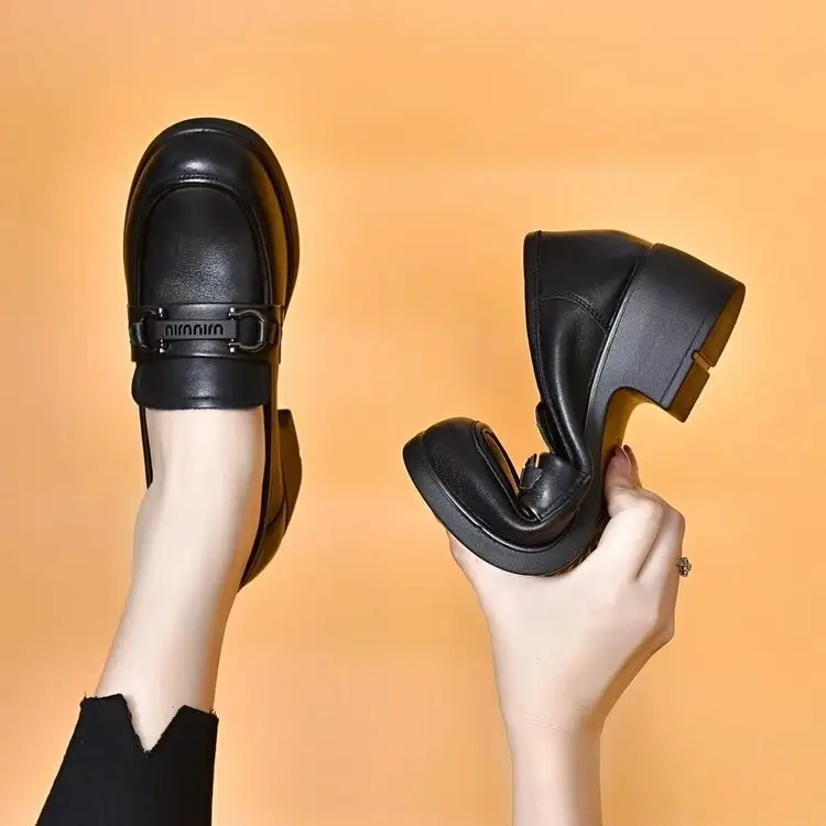 Autumn 2024 New British Style Work Small Leather Shoes Thick Heeled Shoes Round Head Soft Bottom Black Loafers - Image 5