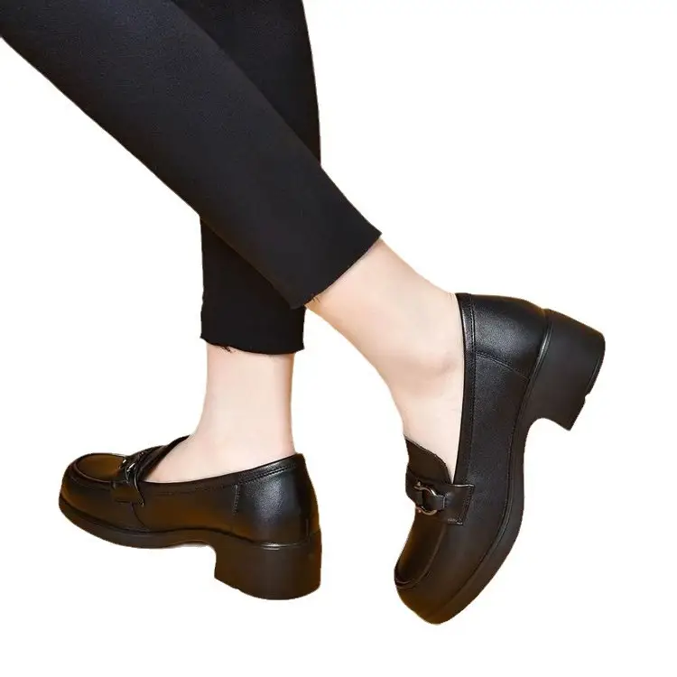 Autumn 2024 New British Style Work Small Leather Shoes Thick Heeled Shoes Round Head Soft Bottom Black Loafers - Image 6
