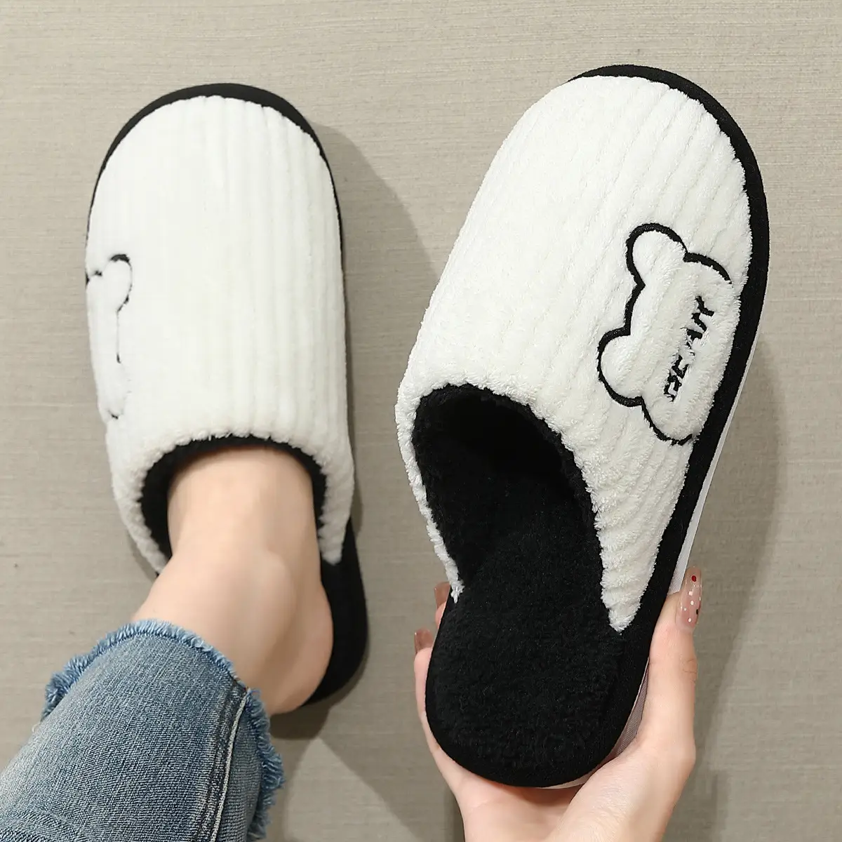 Pink Cartoon Bear Cotton Slippers for Men Winter - Image 10