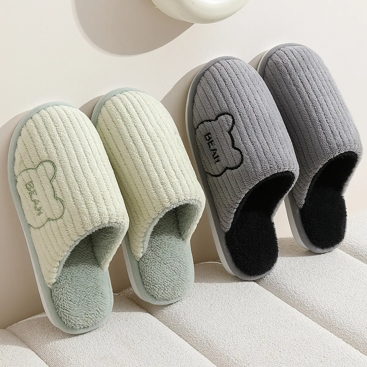 Pink Cartoon Bear Cotton Slippers for Men Winter - Image 12