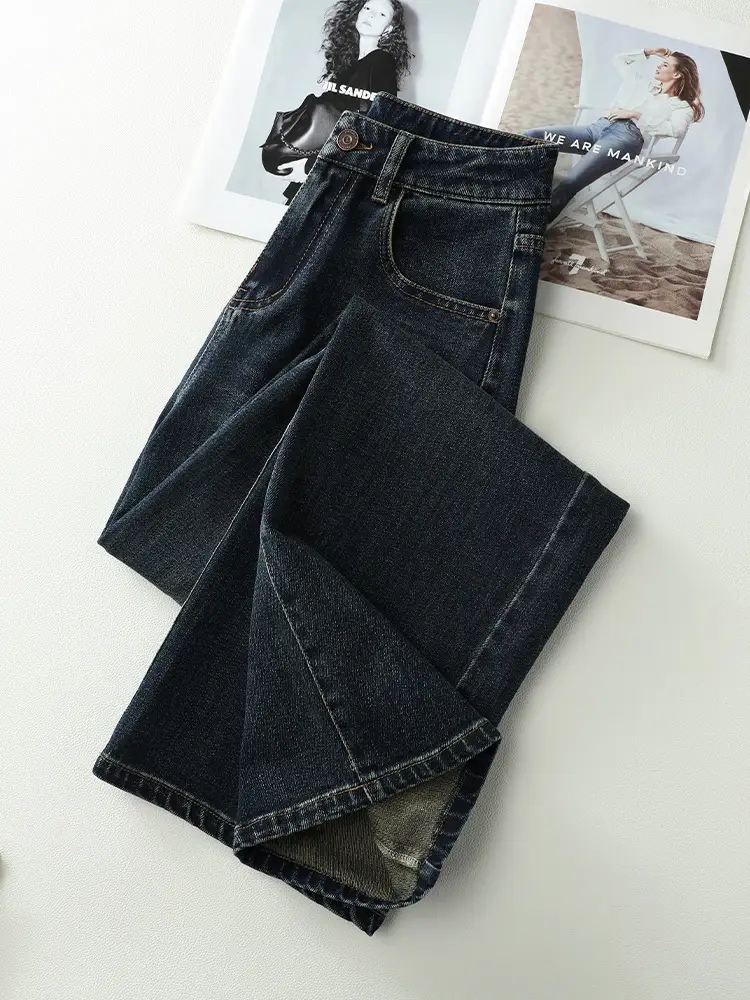 Dark Blue Wide Leg Pants Women's New High Waist Loose Slimming Straight Pants All-match Vintage Women's Casual Pants