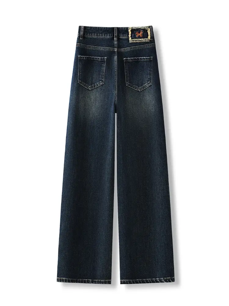 Dark Blue Wide Leg Pants Women's New High Waist Loose Slimming Straight Pants All-match Vintage Women's Casual Pants