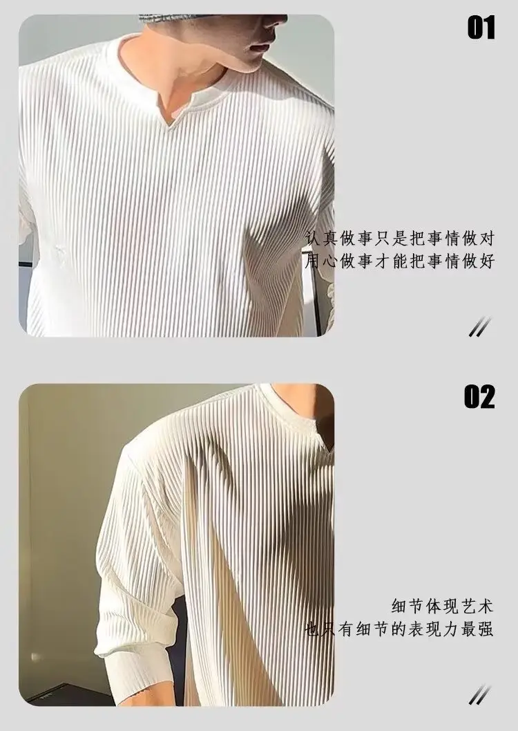 Men's V-Neck Pleated Long Sleeve T-Shirt Black — feature 4