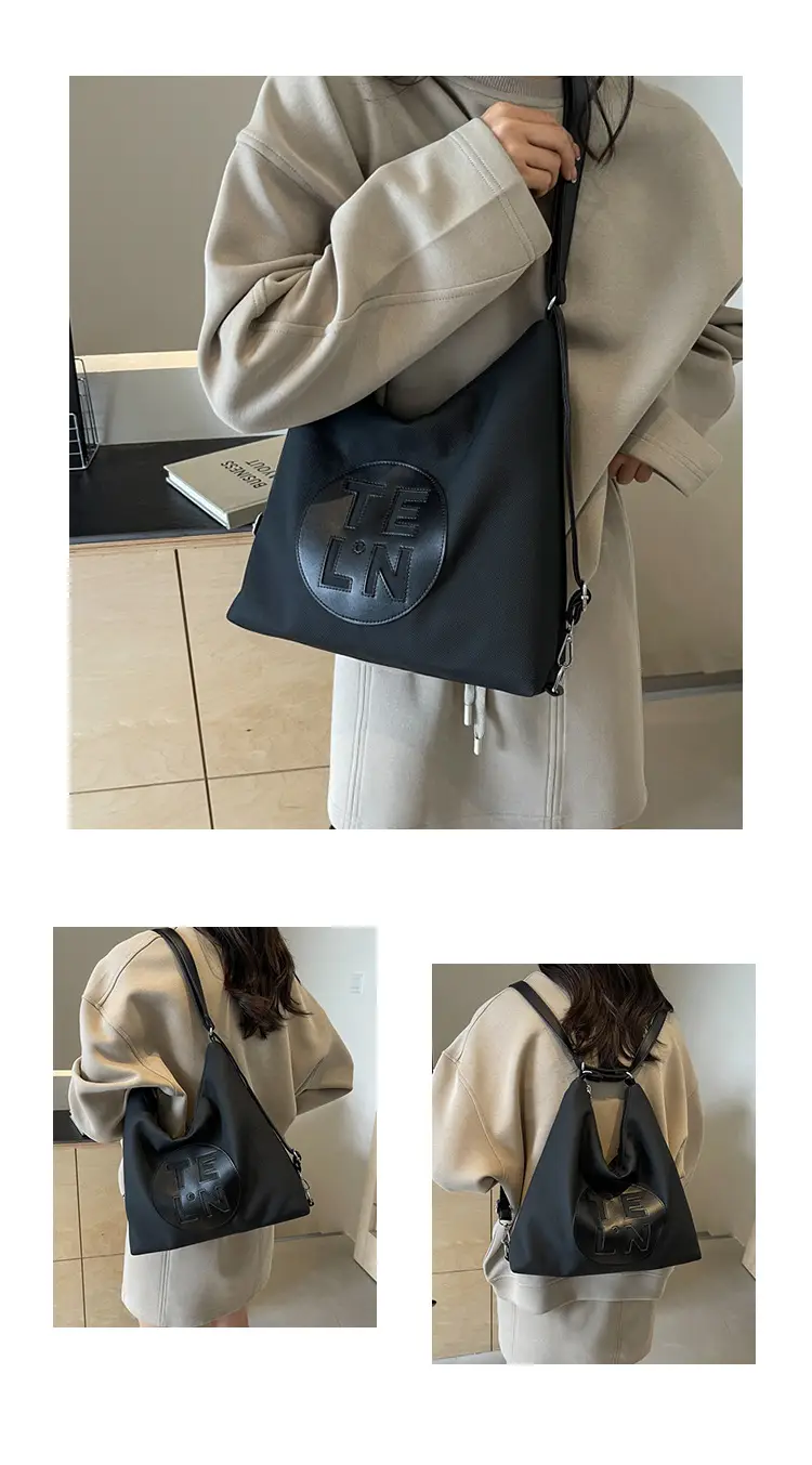 Women's Black Canvas Tote Bag with TE LN Logo — feature 12