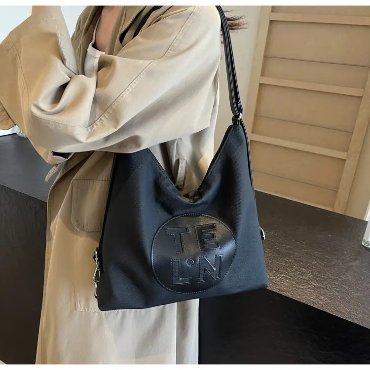 Women's Black Canvas Tote Bag with TE LN Logo — feature 17