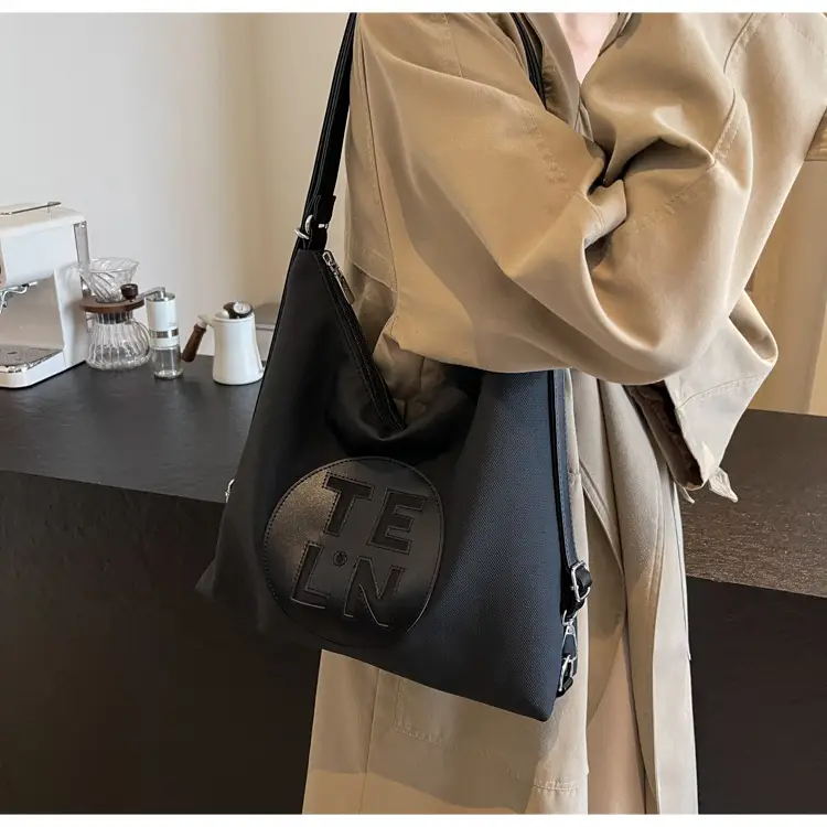 Women's Black Canvas Tote Bag with TE LN Logo — feature 19