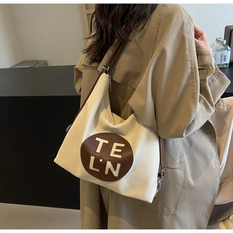 Women's Black Canvas Tote Bag with TE LN Logo — feature 26