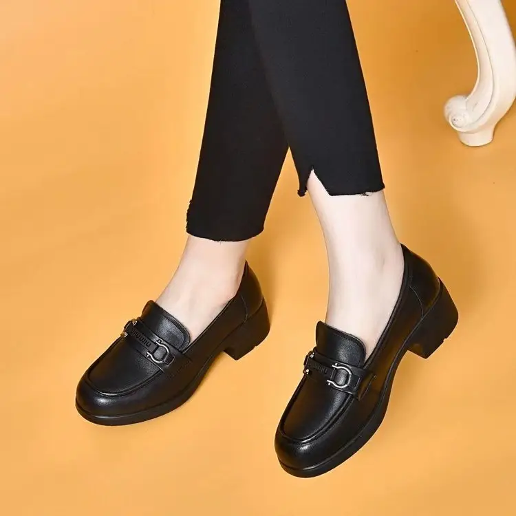 Autumn 2024 New British Style Work Small Leather Shoes Thick Heeled Shoes Round Head Soft Bottom Black Loafers — feature 11