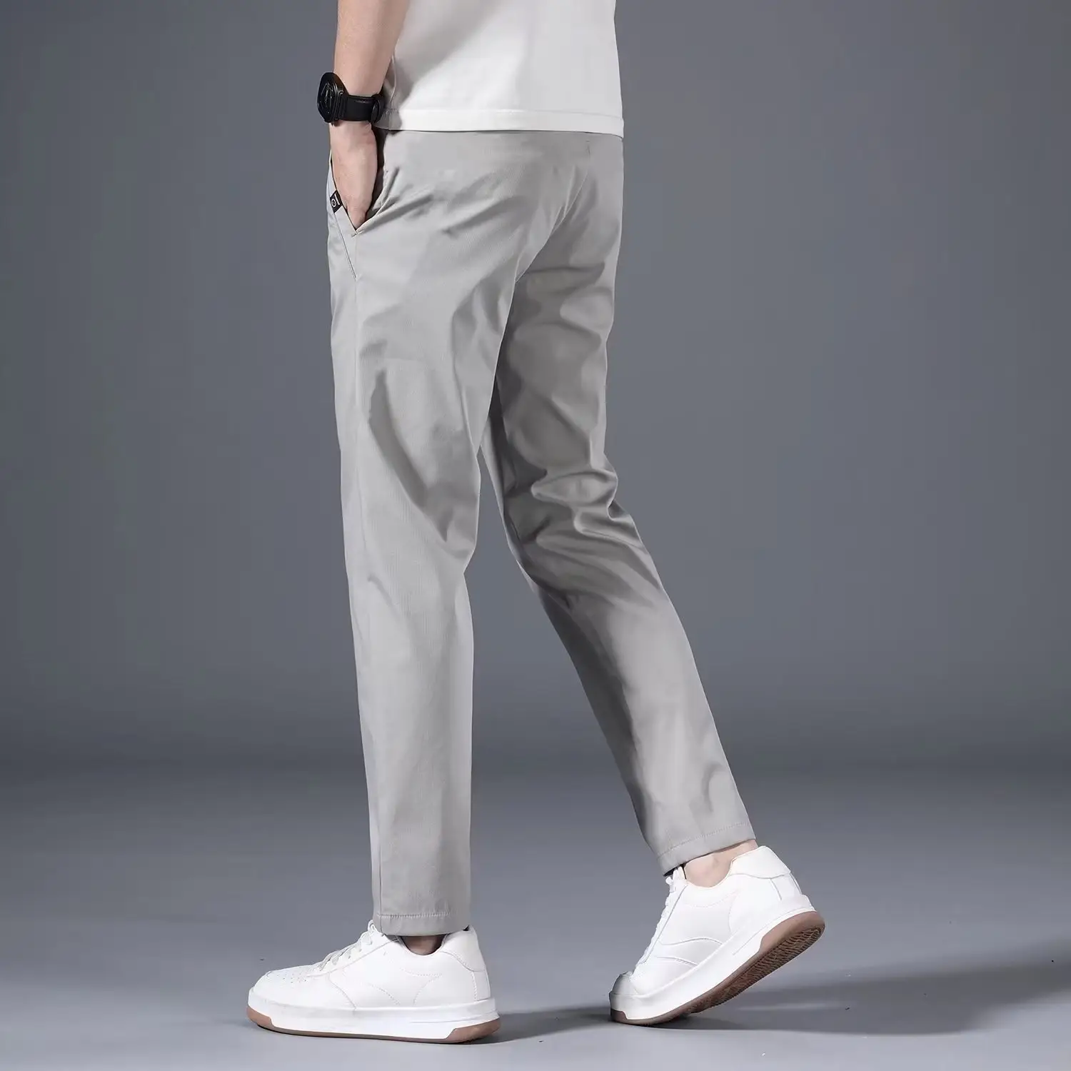 Men's Beige Stretch Pants Spring Autumn Loose Fit