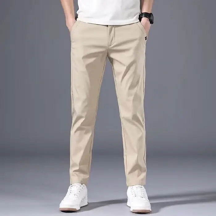 Men's Beige Stretch Pants Spring Autumn Loose Fit