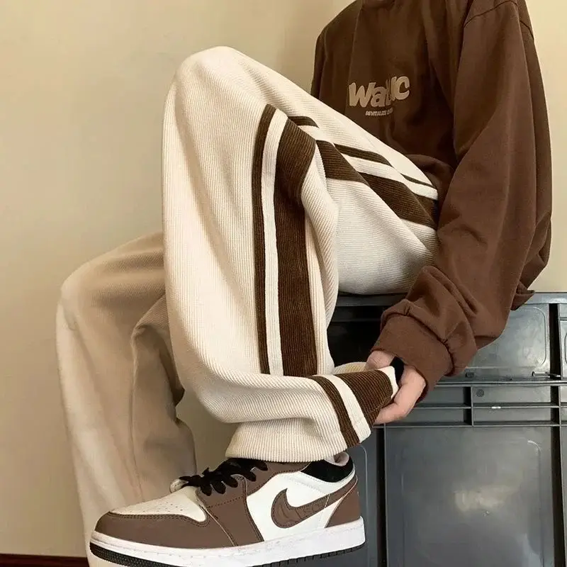 Men Brown Beige Retro Sweatpants with Nike Shoes - Image 9