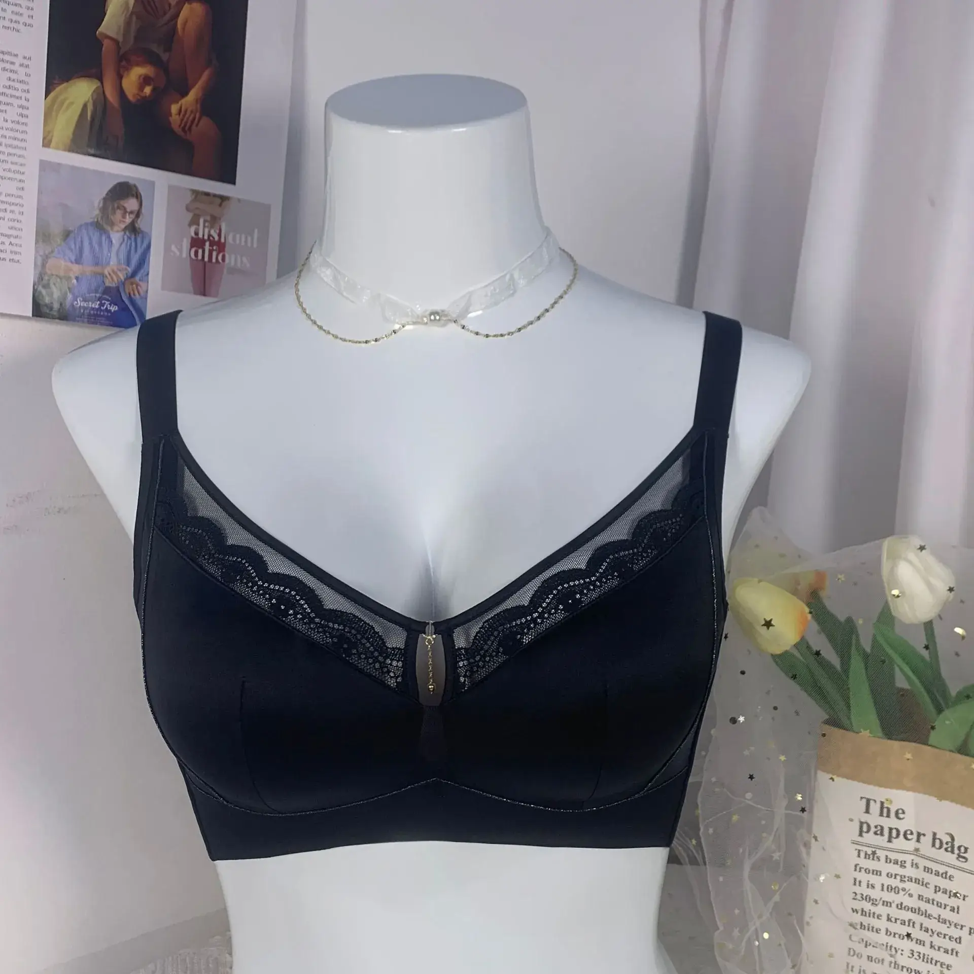 Light Gray Bralette with Lace & Back Gather