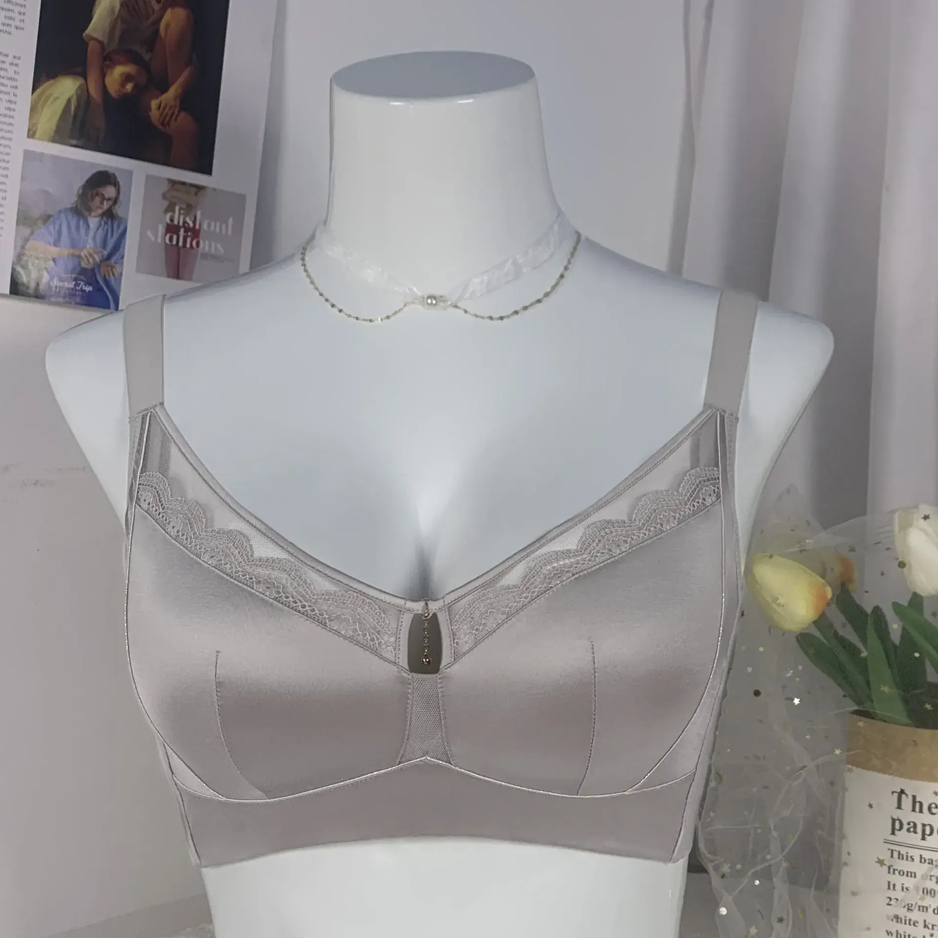 Light Gray Bralette with Lace & Back Gather - Image 3