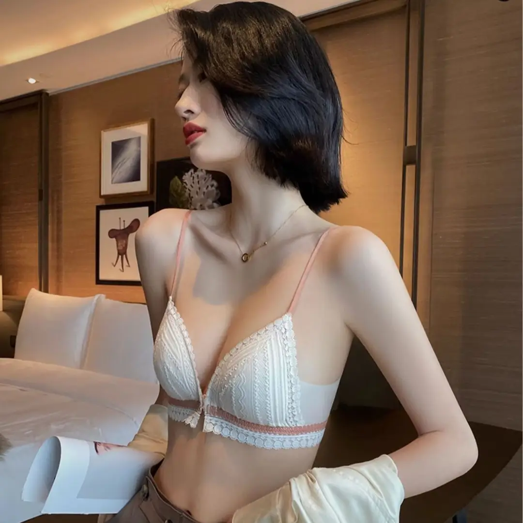 Beautiful Back Front Buckle Underwear Women's Summer Thin French Style Small Chest Triangle Cup Sexy Lace Thin Shoulder Strap Bra No Rings
