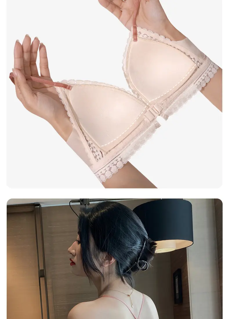 Beautiful Back Front Buckle Underwear Women's Summer Thin French Style Small Chest Triangle Cup Sexy Lace Thin Shoulder Strap Bra No Rings — feature 12