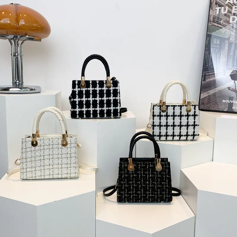 Women Woolen Shoulder Crossbody Bag Black Plaid 2024 - Image 6