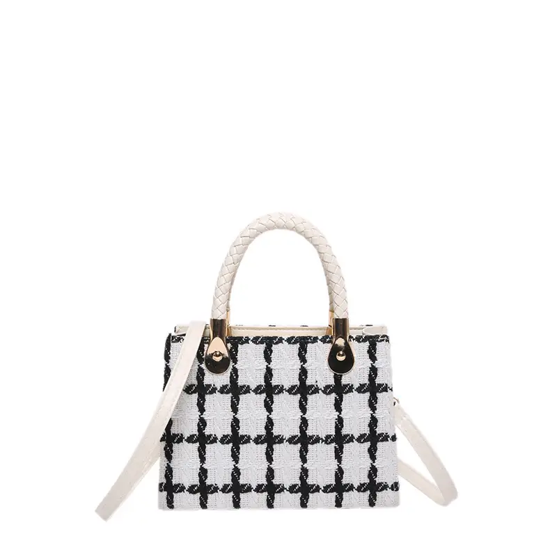 Women Woolen Shoulder Crossbody Bag Black Plaid 2024 - Image 9