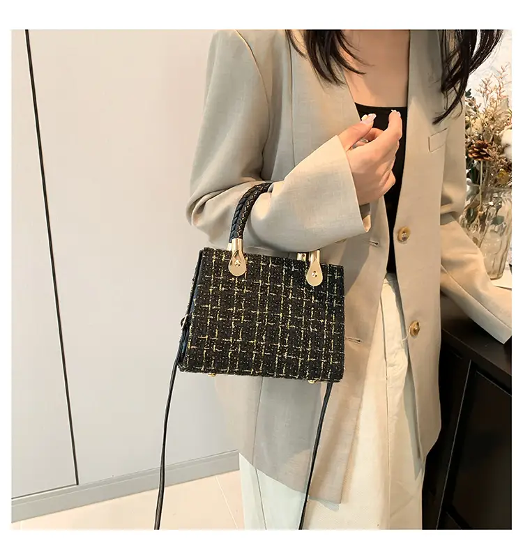 Women Woolen Shoulder Crossbody Bag Black Plaid 2024 — feature 14