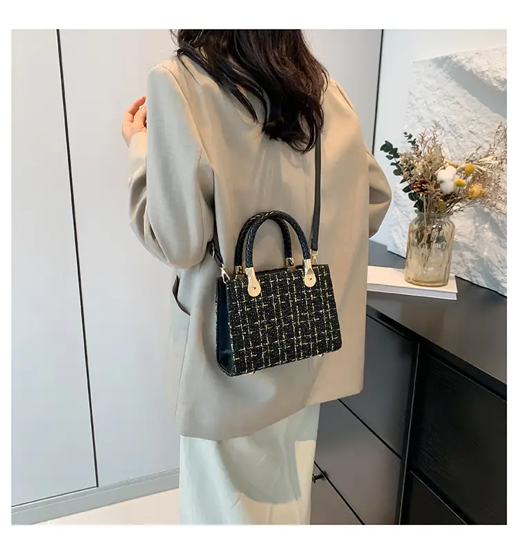Women Woolen Shoulder Crossbody Bag Black Plaid 2024 — feature 15
