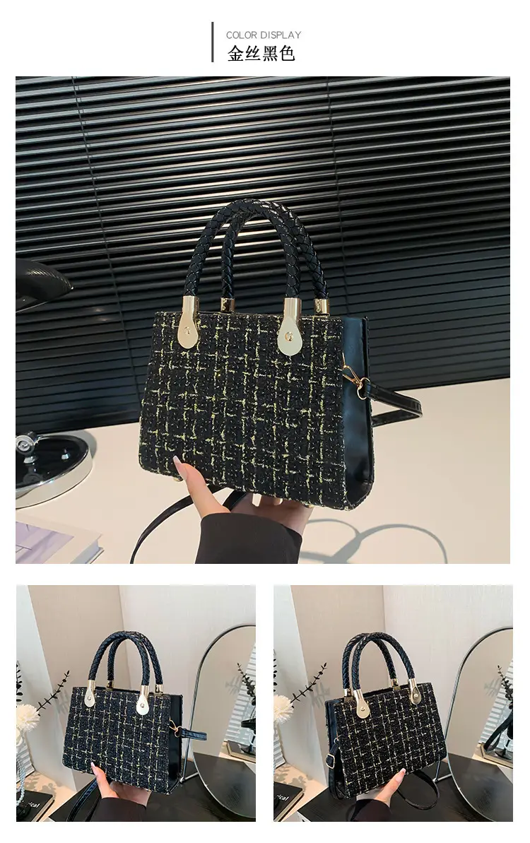 Women Woolen Shoulder Crossbody Bag Black Plaid 2024 — feature 23