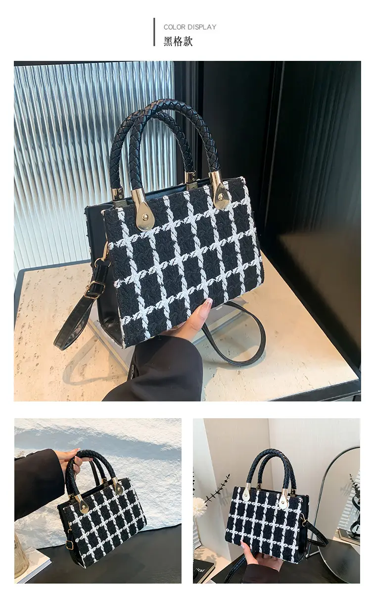Women Woolen Shoulder Crossbody Bag Black Plaid 2024 — feature 26