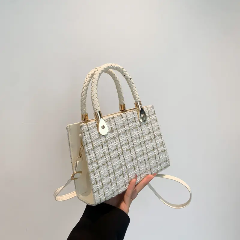 Women Woolen Shoulder Crossbody Bag Black Plaid 2024 - Image 2