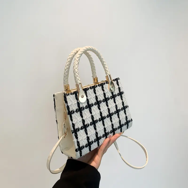 Women Woolen Shoulder Crossbody Bag Black Plaid 2024 - Image 3