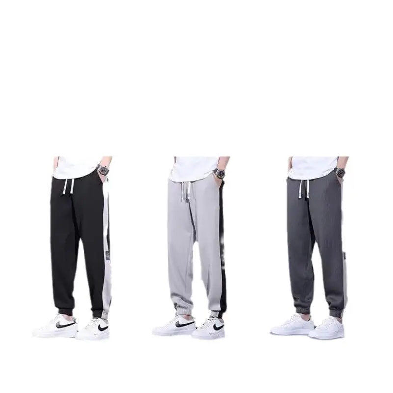 Men Striped Ice Silk Casual Pants Grey Black Drawstring - Image 6
