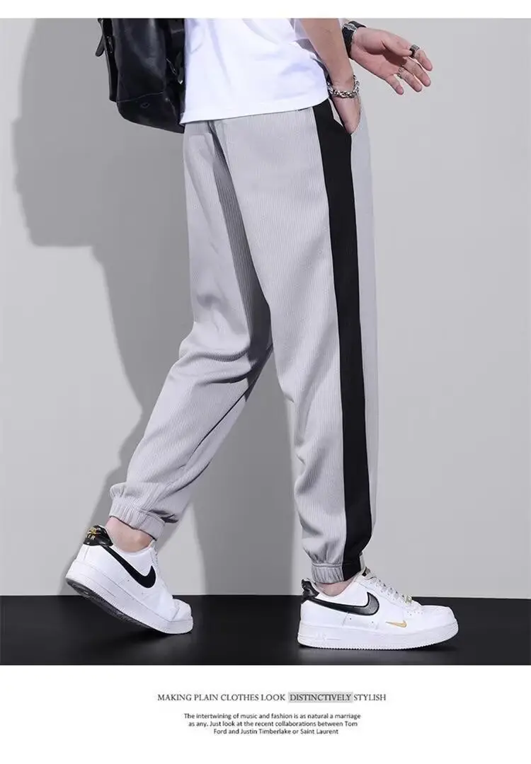 Men Striped Ice Silk Casual Pants Grey Black Drawstring — feature 11