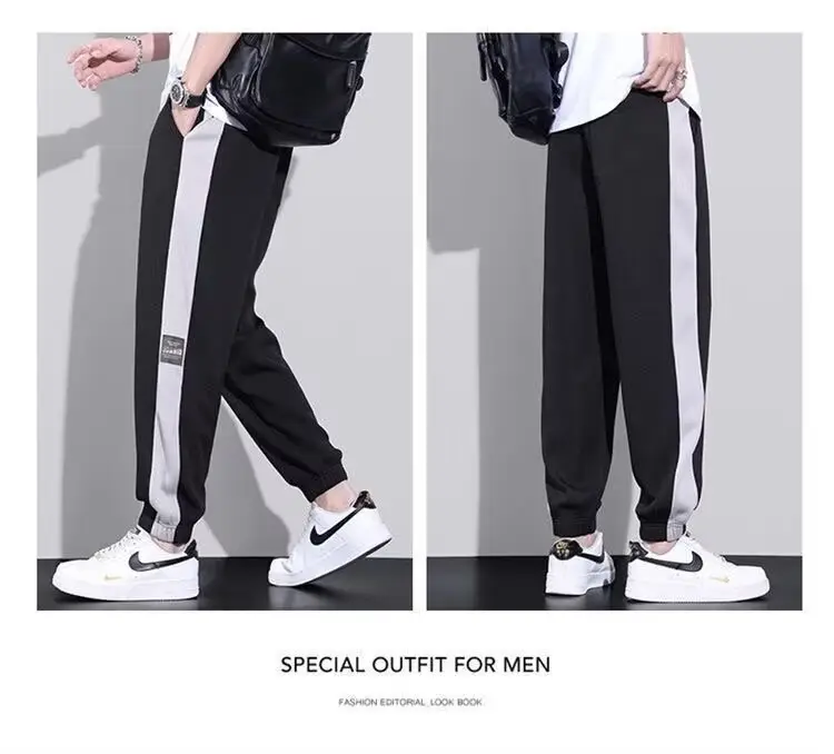Men Striped Ice Silk Casual Pants Grey Black Drawstring — feature 7