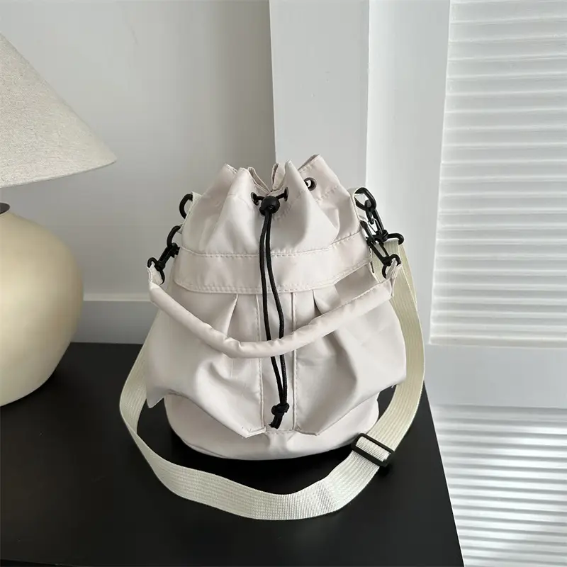 Women's Light Grey Bucket Bag with Drawstring Closure - Image 8