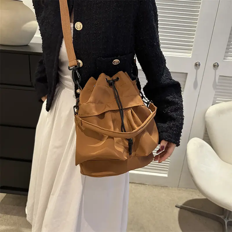Women's Light Grey Bucket Bag with Drawstring Closure - Image 9