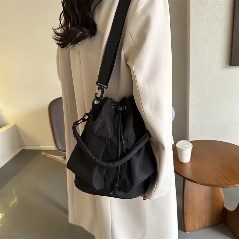 Women's Light Grey Bucket Bag with Drawstring Closure - Image 10
