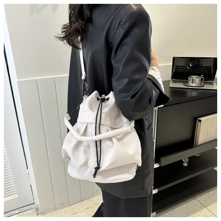 Women's Light Grey Bucket Bag with Drawstring Closure — feature 19