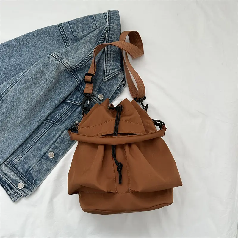Women's Light Grey Bucket Bag with Drawstring Closure - Image 2