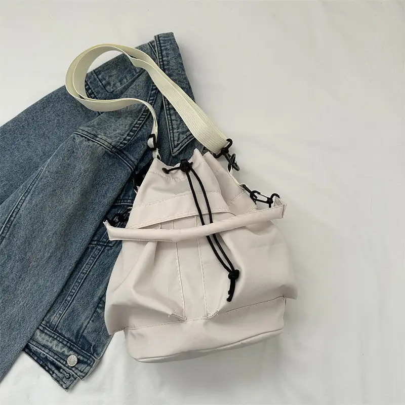 Women's Light Grey Bucket Bag with Drawstring Closure - Image 3