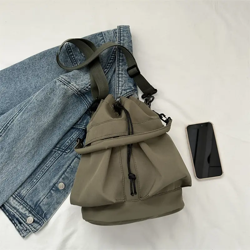 Women's Light Grey Bucket Bag with Drawstring Closure - Image 4