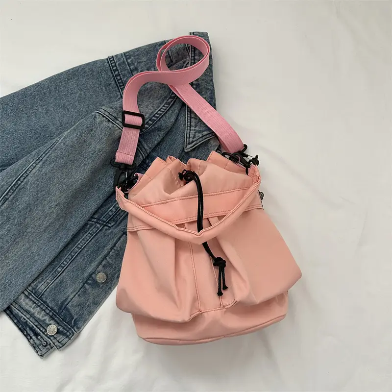 Women's Light Grey Bucket Bag with Drawstring Closure - Image 5