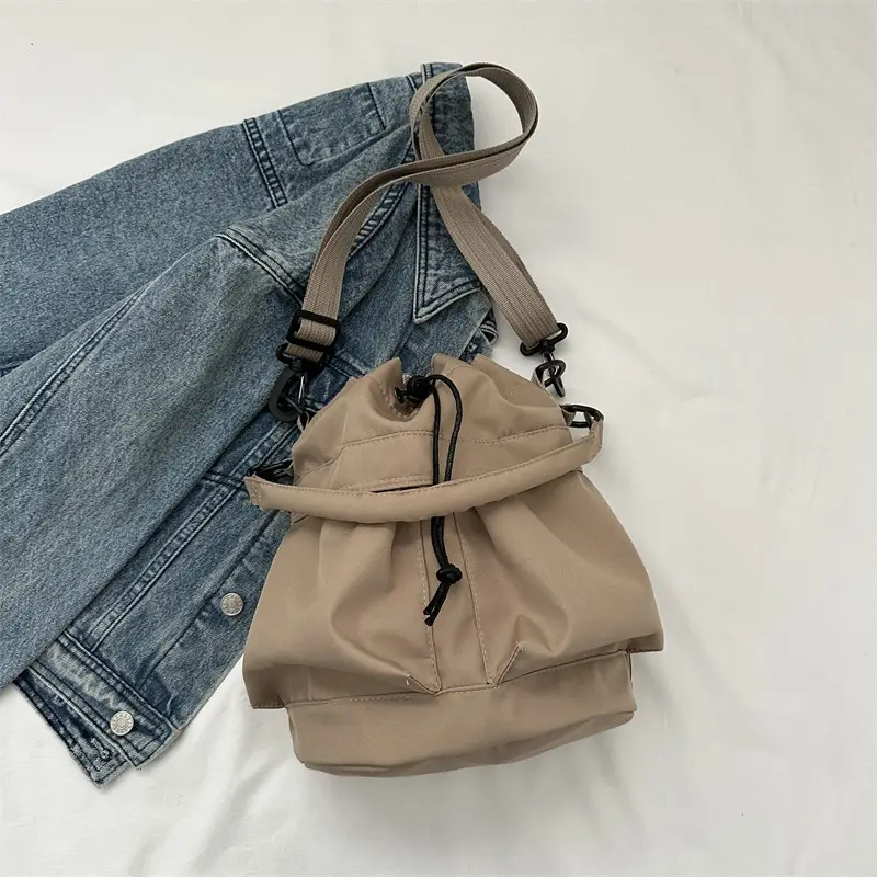 Women's Light Grey Bucket Bag with Drawstring Closure - Image 6