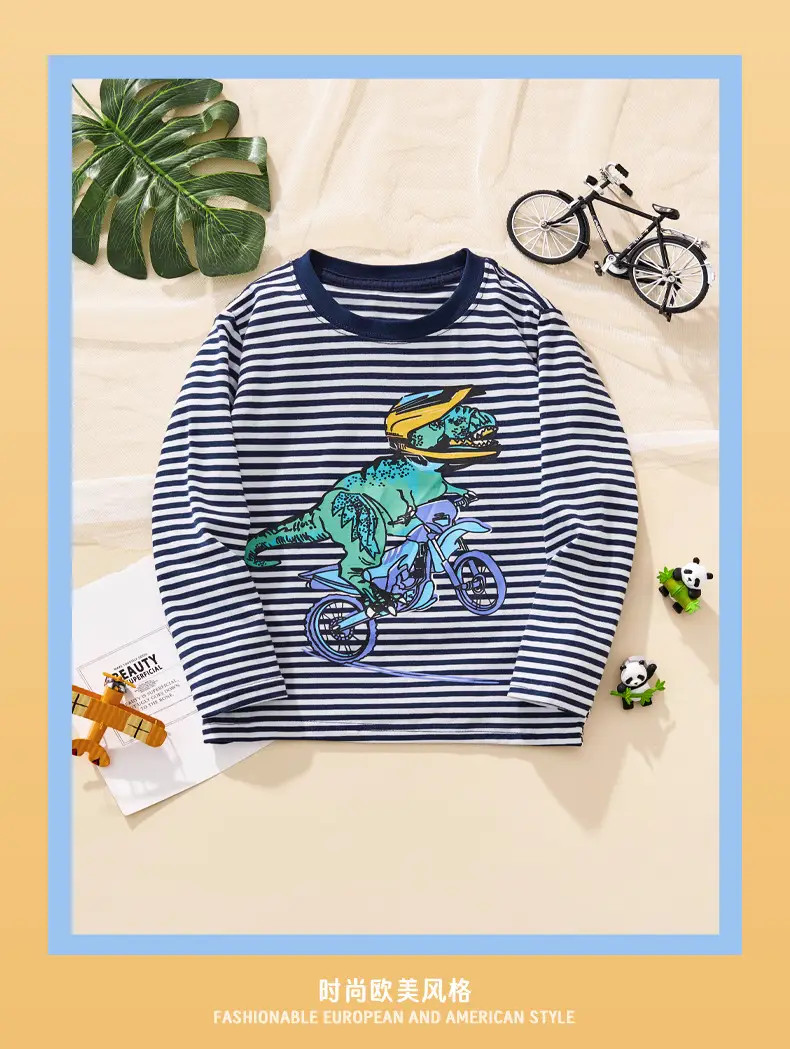 Autumn Long Sleeve T-Shirt for Boys Dinosaur Print Striped — feature 3