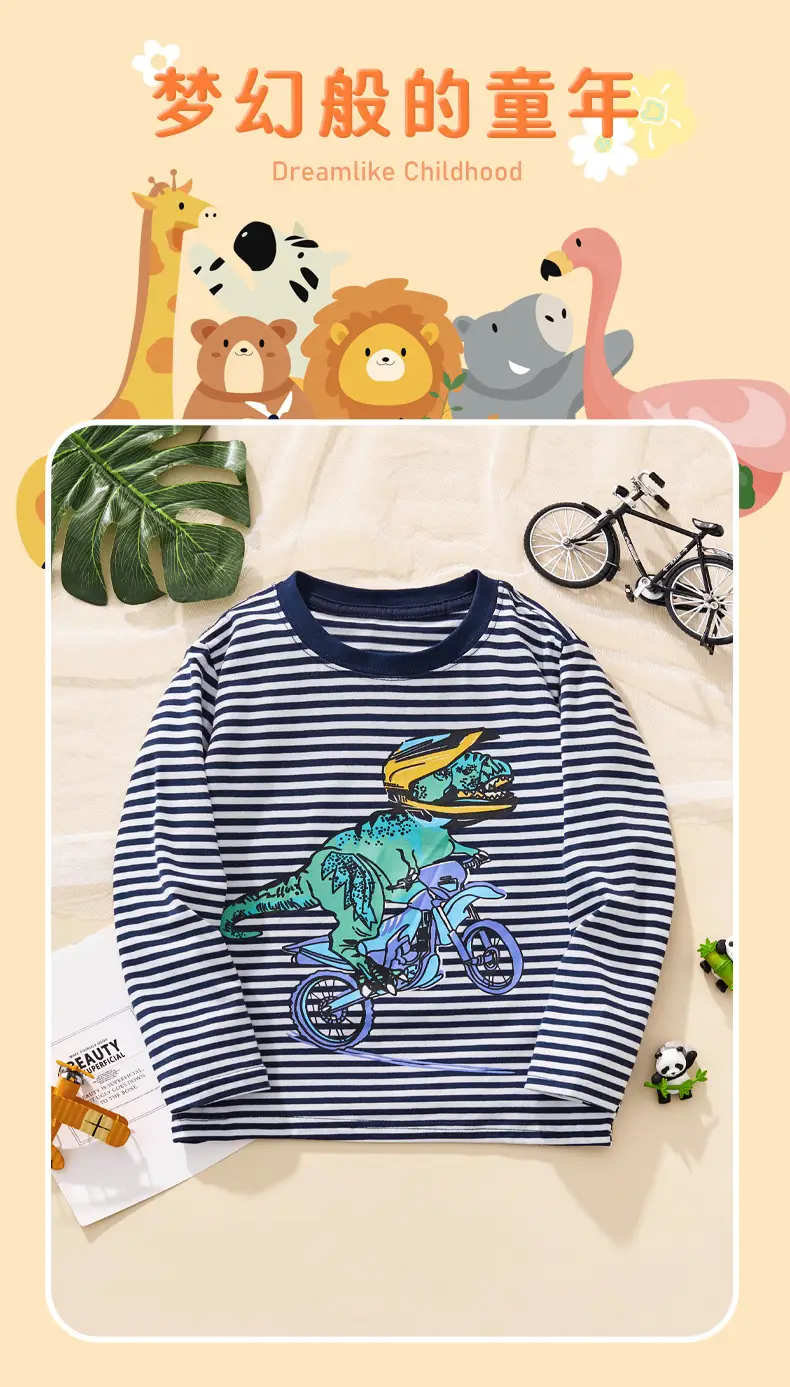 Autumn Long Sleeve T-Shirt for Boys Dinosaur Print Striped — feature 7