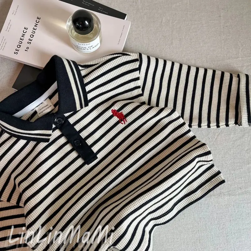 2025 Boys Striped Polo Shirt Beige Black - Image 12